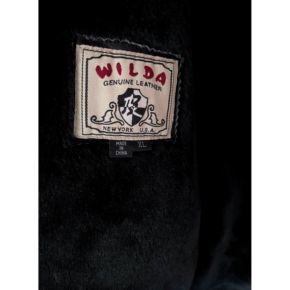 WILDA Genuine Leather Coat Womens XL Blk Belted Faux Fur Collar Trim Vintage 90s - Picture 3 of 7